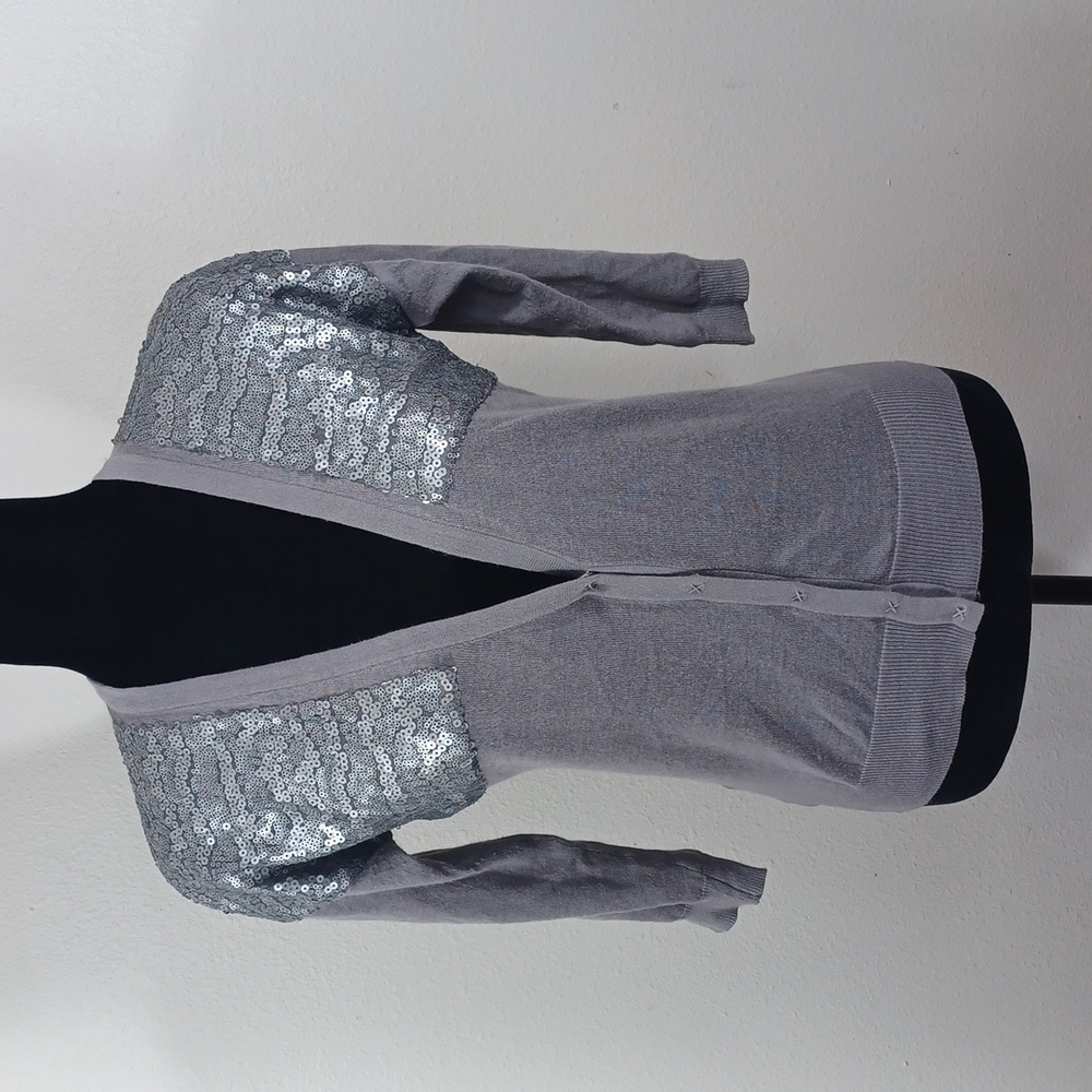 AnnTaylor LOFT Cardigan Silver Sequin Sweater Grey Gray XS Extra Small Snap